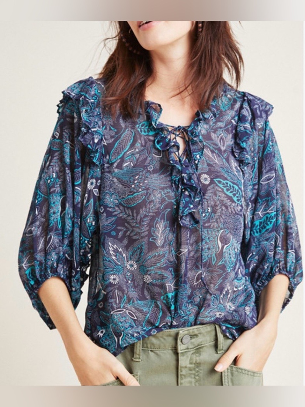 Anthropologie Ruffled V-Neck Floral Teal & Navy Floral Wide Sleeve Blouse Size L